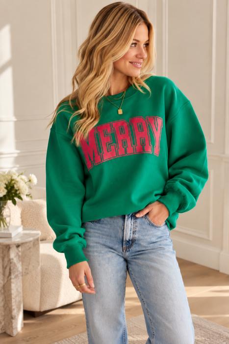 Merry Graphic Sweatshirt | Red or Green Women's Pullover Tops | Christmas Holiday Festive Winter Fashion | Crewneck | Long Sleeve