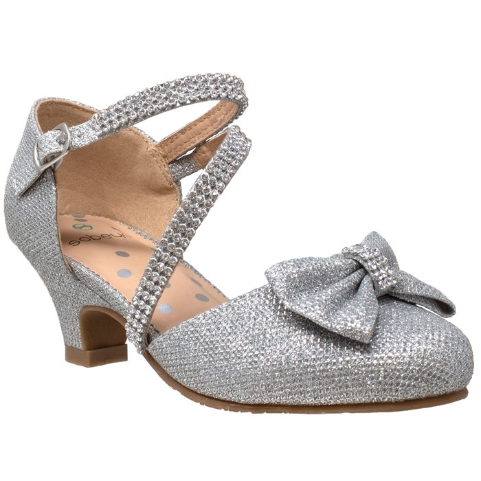 	Kids Dress Shoes Rhinestone Bow Accent Kitten Heel Glitter Sandals 