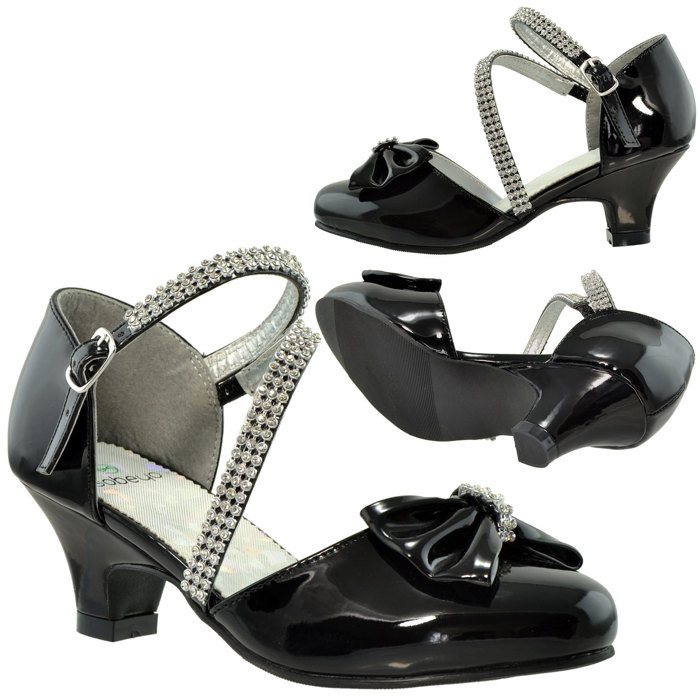 	Kids Dress Shoes Rhinestone Bow Accent Kitten Heel Glitter Sandals 