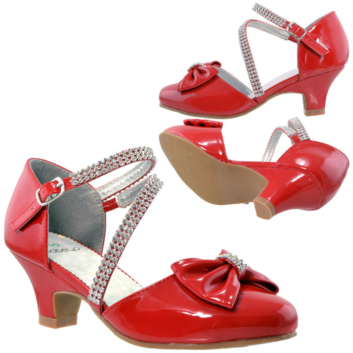 	Kids Dress Shoes Rhinestone Bow Accent Kitten Heel Glitter Sandals 
