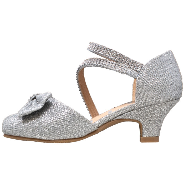 	Kids Dress Shoes Rhinestone Bow Accent Kitten Heel Glitter Sandals 