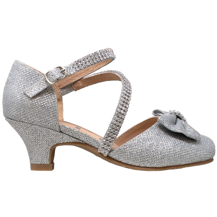 	Kids Dress Shoes Rhinestone Bow Accent Kitten Heel Glitter Sandals 