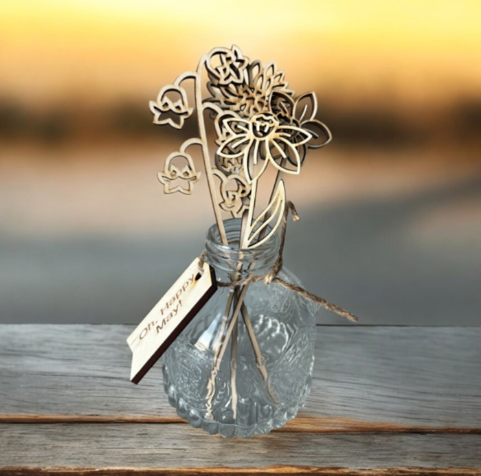Personalized Birth Flower Jar | Wooden Flowers by Month with Custom Tag 