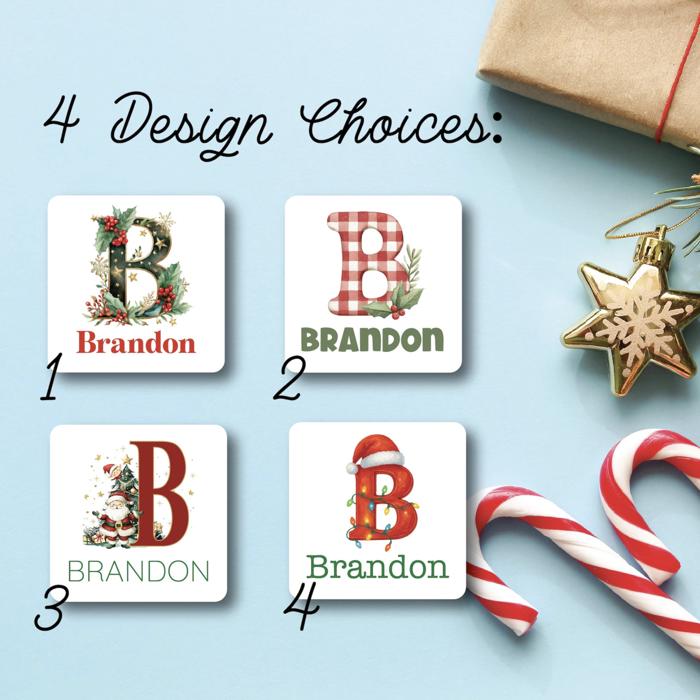 Christmas Name Labels - Kids Personalized Christmas with Large Initial,  Set of 12