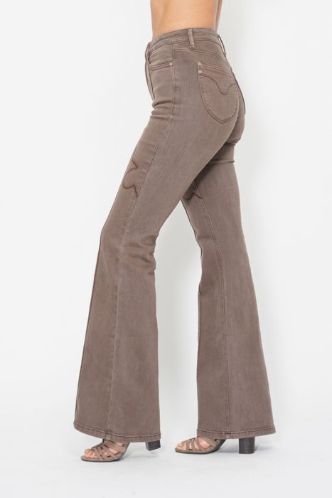 Judy Blue High Waist Garment Dyed Knee Seam Detail & Shield Pockets Flare Denim 88846 - Plus