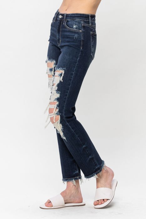 Judy Blue Mid Rise Heavy Destroy Straight Denim 82534