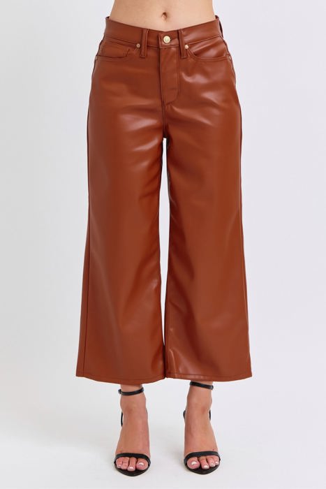 Judy Blue High Waist Tummy Control Camel Faux Leather Wide Leg Crop Denim 88900 - Plus