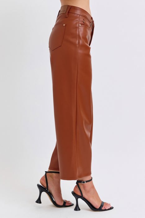 Judy Blue High Waist Tummy Control Camel Faux Leather Wide Leg Crop Denim 88900 - Plus