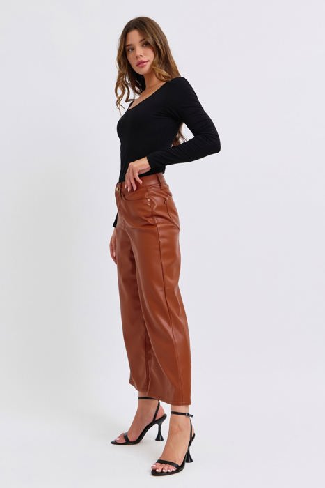 Judy Blue High Waist Tummy Control Camel Faux Leather Wide Leg Crop Denim 88900 - Plus