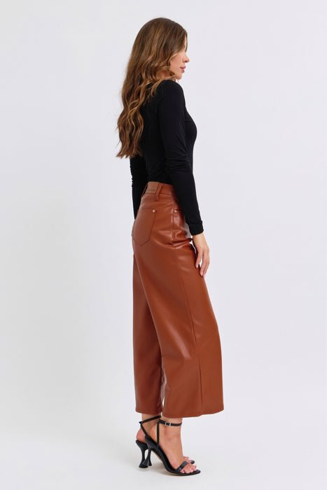 Judy Blue High Waist Tummy Control Camel Faux Leather Wide Leg Crop Denim 88900 - Plus
