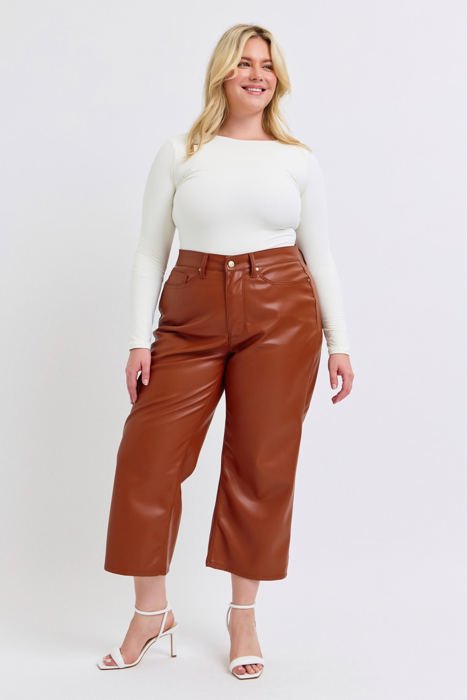 Judy Blue High Waist Tummy Control Camel Faux Leather Wide Leg Crop Denim 88900 - Plus