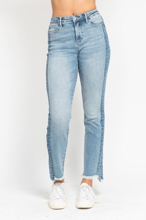 Judy Blue High Waist Vintage Wash Side Panel Detail & Hi Lo Fray Hem Slim Denim 88536 - Plus