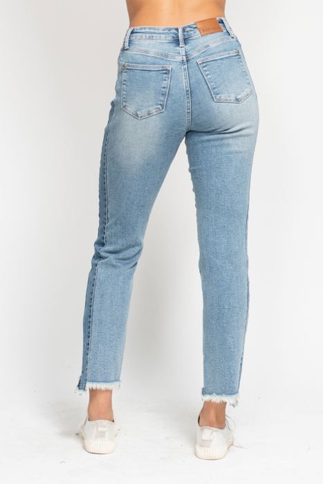 Judy Blue High Waist Vintage Wash Side Panel Detail & Hi Lo Fray Hem Slim Denim 88536 - Plus