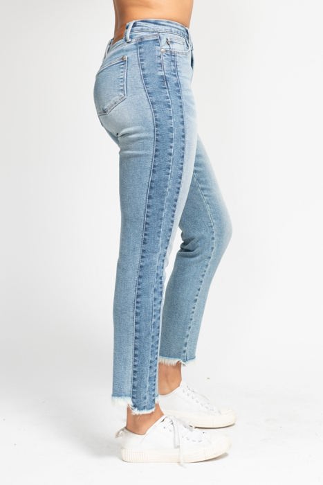 Judy Blue High Waist Vintage Wash Side Panel Detail & Hi Lo Fray Hem Slim Denim 88536 - Plus