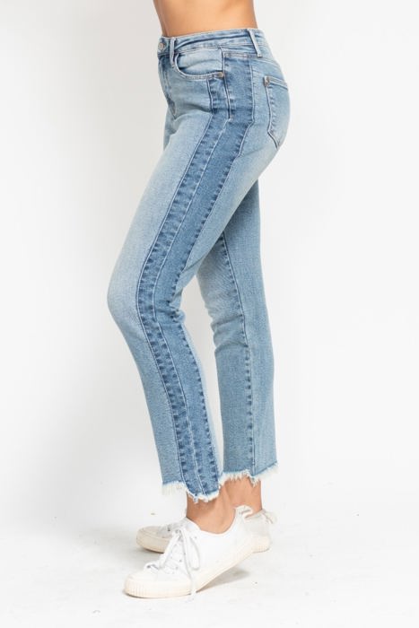 Judy Blue High Waist Vintage Wash Side Panel Detail & Hi Lo Fray Hem Slim Denim 88536 - Plus