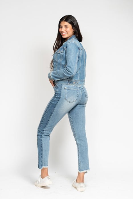 Judy Blue High Waist Vintage Wash Side Panel Detail & Hi Lo Fray Hem Slim Denim 88536 - Plus