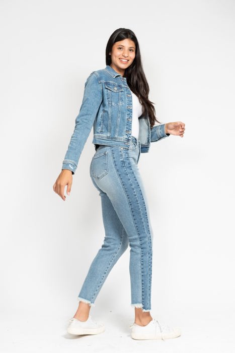 Judy Blue High Waist Vintage Wash Side Panel Detail & Hi Lo Fray Hem Slim Denim 88536 - Plus
