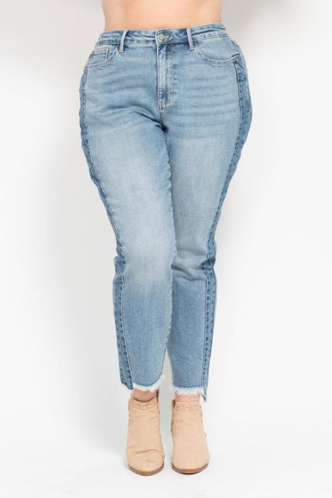 Judy Blue High Waist Vintage Wash Side Panel Detail & Hi Lo Fray Hem Slim Denim 88536 - Plus