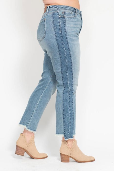 Judy Blue High Waist Vintage Wash Side Panel Detail & Hi Lo Fray Hem Slim Denim 88536 - Plus
