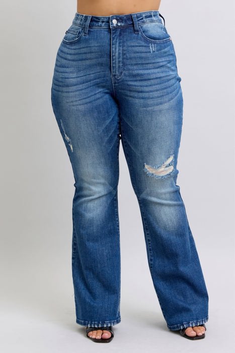 Judy Blue High Waist Contrast Wash Destroy Flare Denim 88383 - Plus