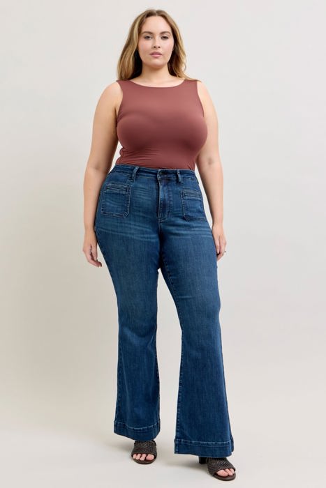 Judy Blue High Waist Mitered Pocket & Pintuck Flare Denim Jeans 881079 - Plus