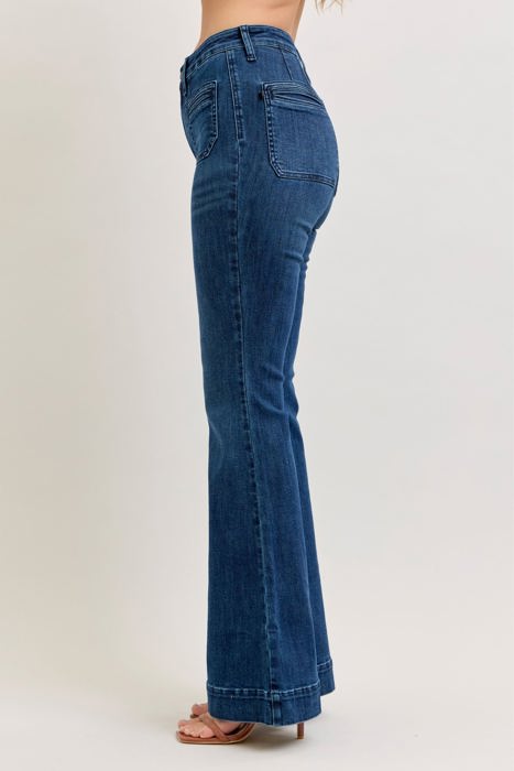 Judy Blue High Waist Mitered Pocket & Pintuck Flare Denim Jeans 881079