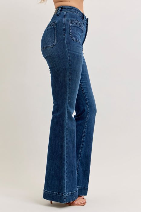 Judy Blue High Waist Mitered Pocket & Pintuck Flare Denim Jeans 881079