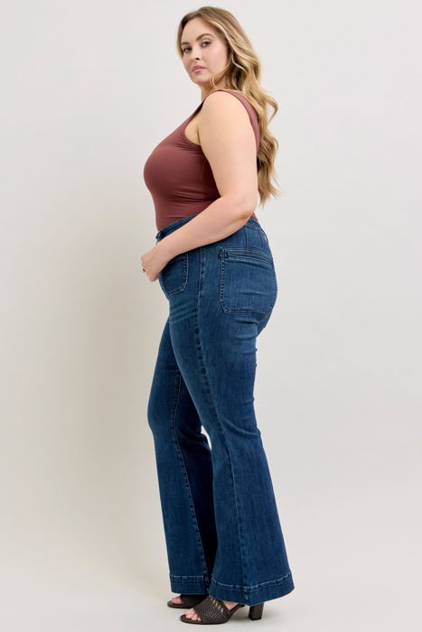 Judy Blue High Waist Mitered Pocket & Pintuck Flare Denim Jeans 881079 - Plus