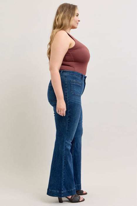 Judy Blue High Waist Mitered Pocket & Pintuck Flare Denim Jeans 881079 - Plus