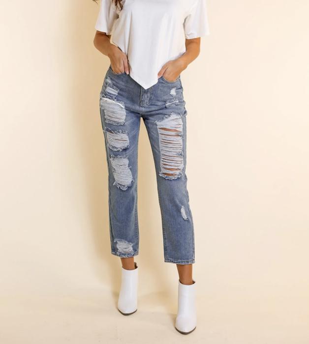 Southern Grace The Savannah Mid Rise Straight Fit Distressed Denim