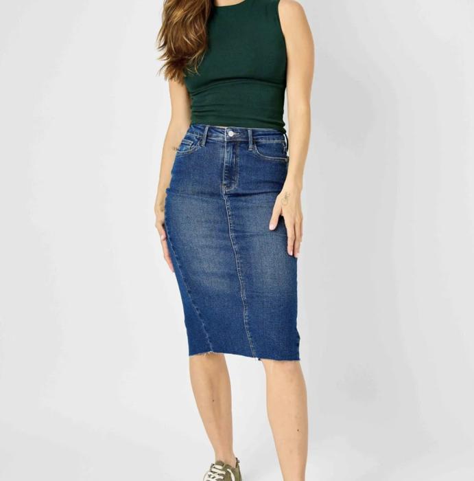 Judy Blue High Waist Back Slit Hem Mid Length Denim Skirt 2831
