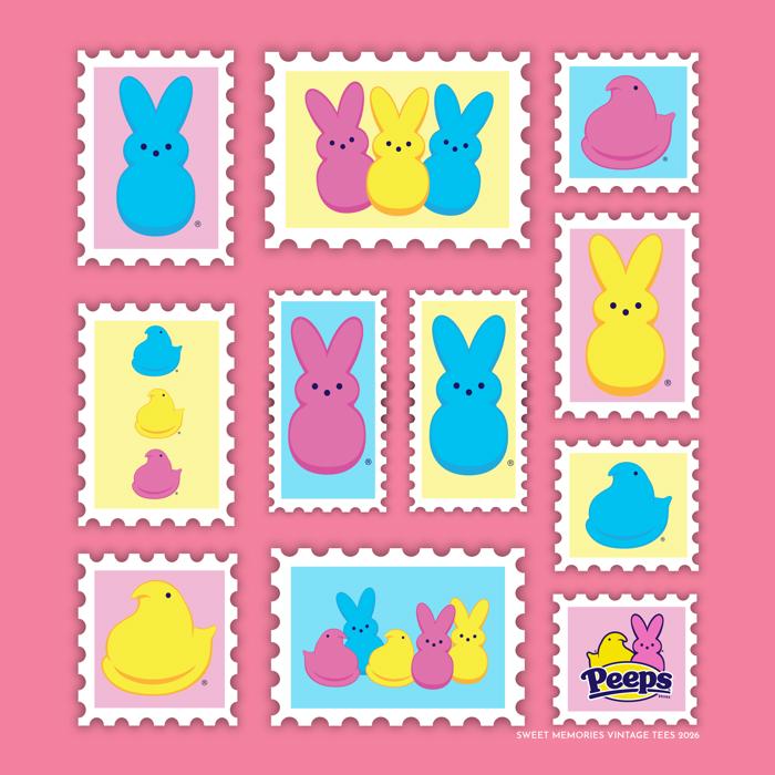 PEEPS® Stamps Tee | Marshmallow Vintage T-Shirt – Retro Easter Graphic Tee | Officially Licensed Spring Nostalgia Shirt