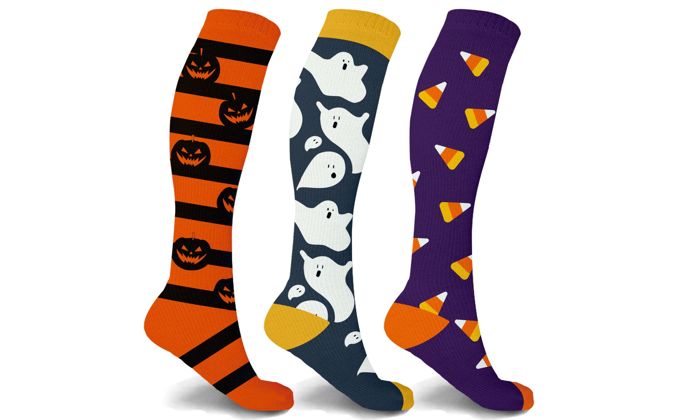 Men's & Womenswear Knee High Compression Halloween Spooky Socks | 3-Pairs