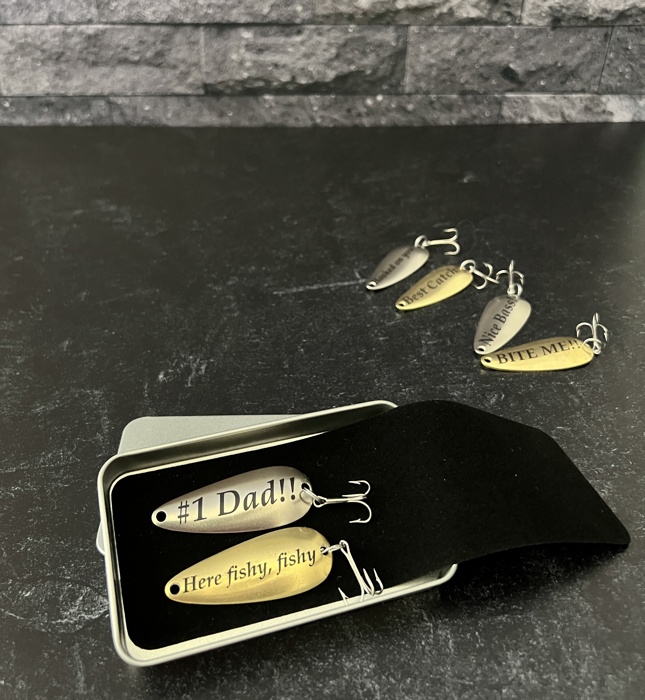 Personalized Fishing Lure Gift Set with Bass Flag Engraved Tin