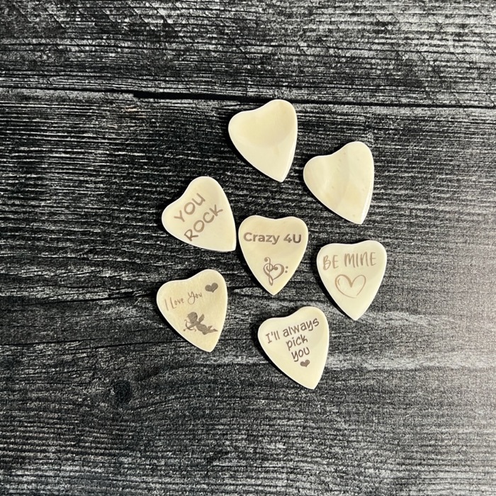 Custom Heart-Shaped Bone Guitar Pick Gift Set with Keychain or Wood Box