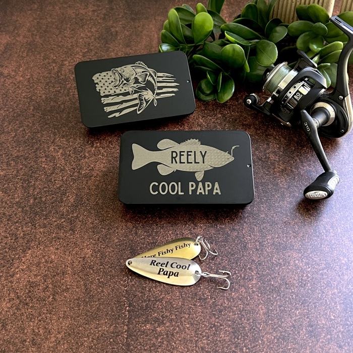 Personalized Fishing Lure Gift Set with Bass Flag Engraved Tin