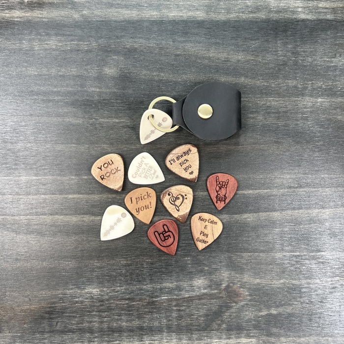Custom Guitar Pick Gift Set; Bone Pick on a Leather Keychain Pouch with Additional Custom Pick in Pouch