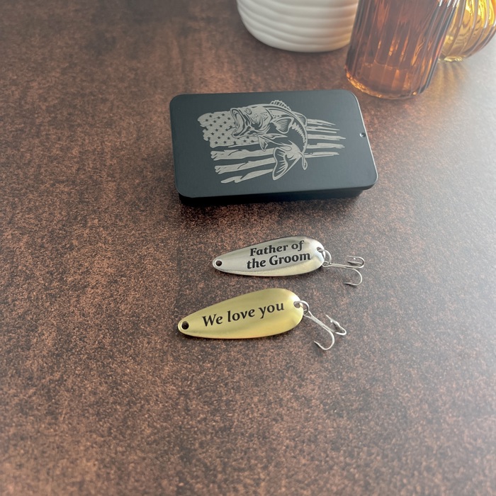 Personalized Fishing Lure Gift Set with Bass Flag Engraved Tin