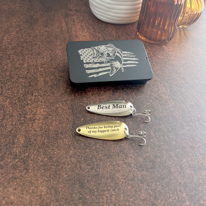 Personalized Fishing Lure Gift Set with Bass Flag Engraved Tin