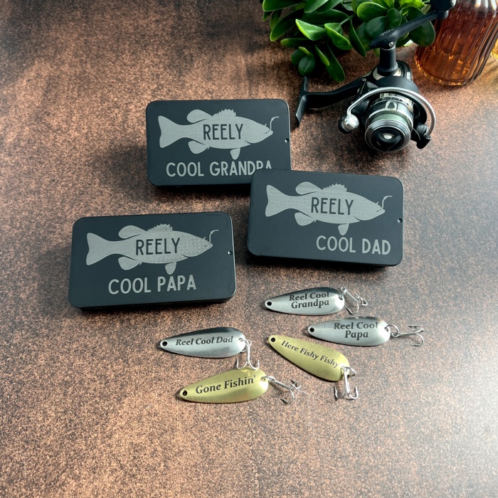 Personalized Fishing Lure Gift Set with Bass Flag Engraved Tin