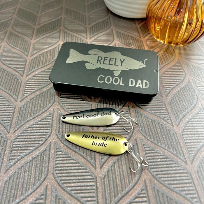 Personalized Fishing Lure Gift Set with Bass Flag Engraved Tin