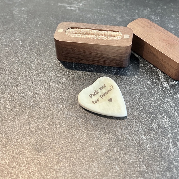 Custom Heart-Shaped Bone Guitar Pick Gift Set with Keychain or Wood Box