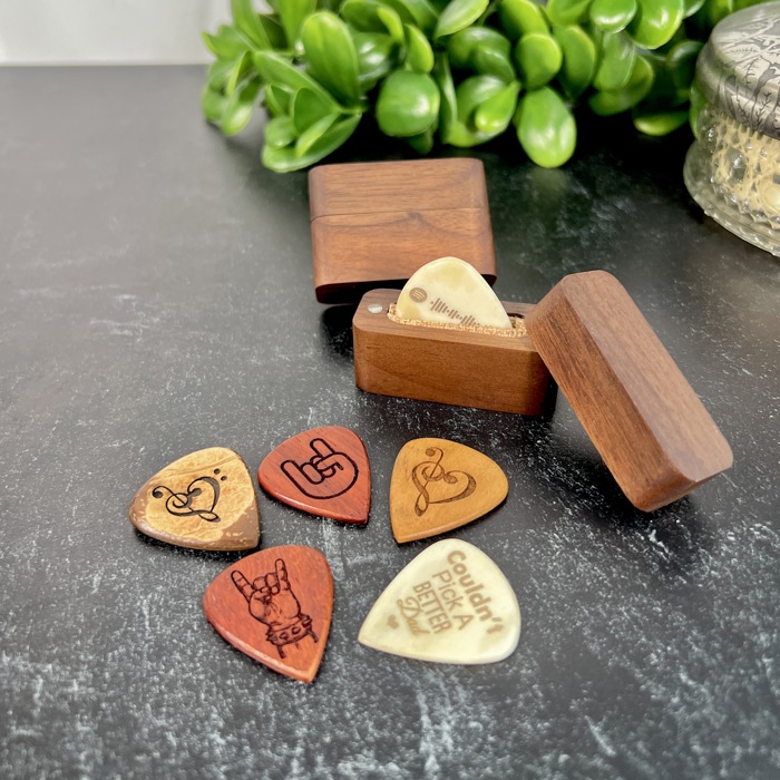 Custom Engraved Guitar Pick with Wooden Magnetic Box: Personalized Keepsake Gift for Music Lovers