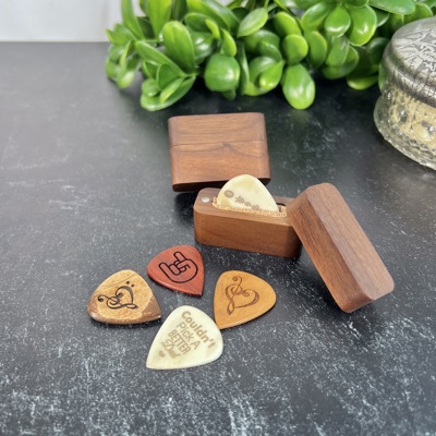 Custom Engraved Guitar Pick with Wooden Magnetic Box: Personalized Keepsake Gift for Music Lovers