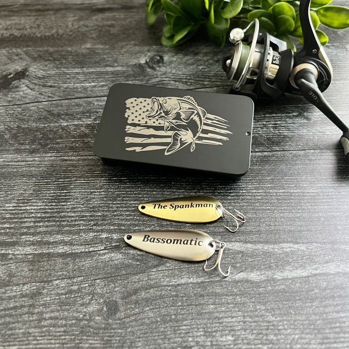 Personalized Fishing Lure Gift Set with Bass Flag Engraved Tin