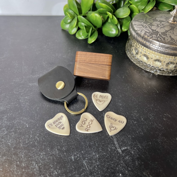 Custom Heart-Shaped Bone Guitar Pick Gift Set with Keychain or Wood Box