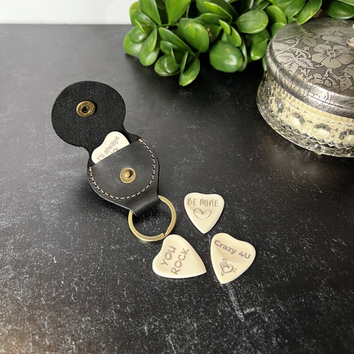Custom Heart-Shaped Bone Guitar Pick Gift Set with Keychain or Wood Box