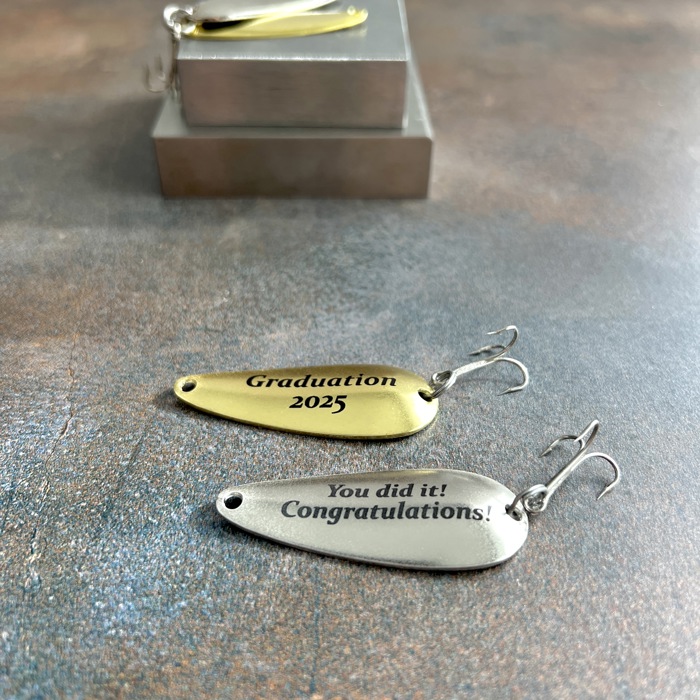 Graduation Fishing Lures Gift | Set of Two Custom Lures in Black Bass Flag Engraved Tin