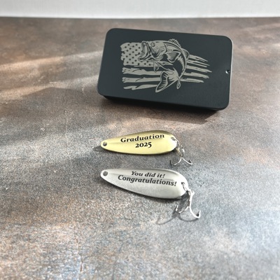 Graduation Fishing Lures Gift | Set of Two Custom Lures in Black Bass Flag Engraved Tin