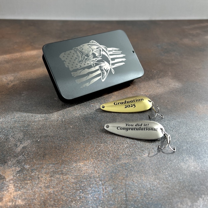 Graduation Fishing Lures Gift | Set of Two Custom Lures in Black Bass Flag Engraved Tin